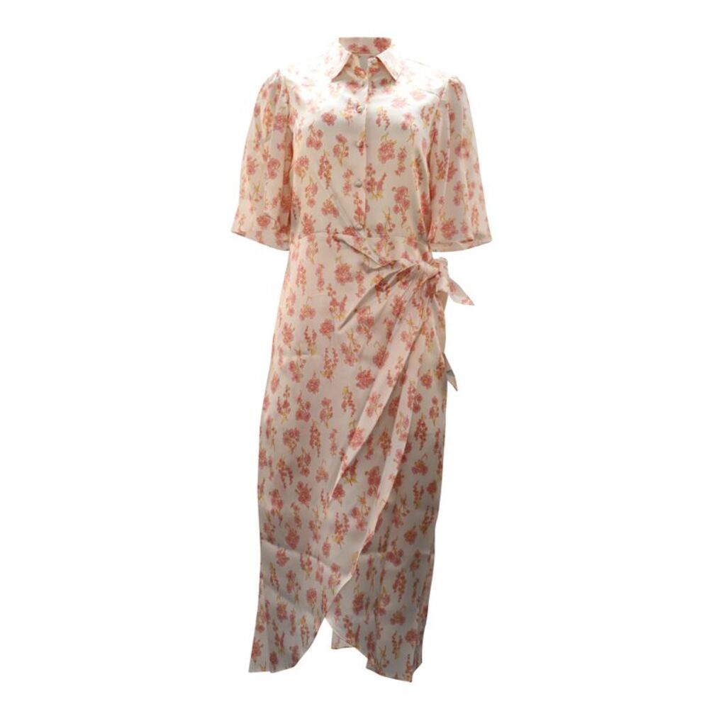 Les Rêveries Floral Print Wrap Midi Dress in White Silk